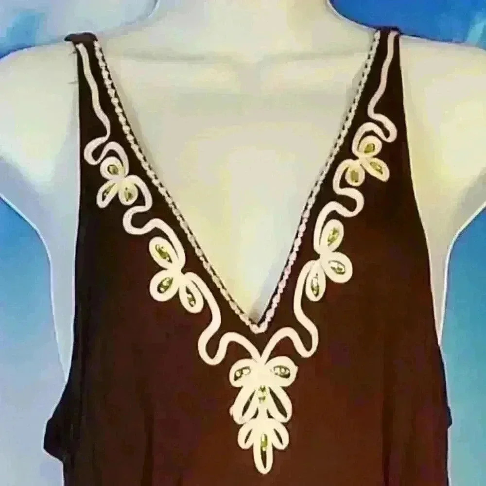 CHOCOLATE BROWN Womans MAXI Dress Rhinestone Embroidery Accents TALL size Med - Picture 4 of 10